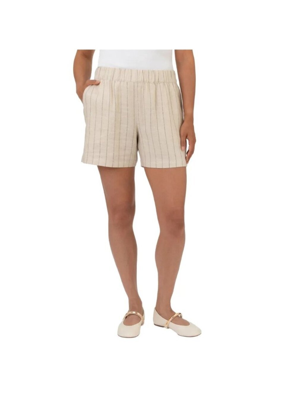 NWT BLANKNYC Women's Linen Blend Short Ivory Thin Stripe Elastic Waist Sz L